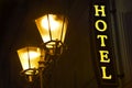 Street lamps with hotel sign